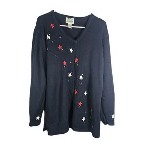 The Quacker Factory USA Sweater Stars Womens Size Large Navy Americana